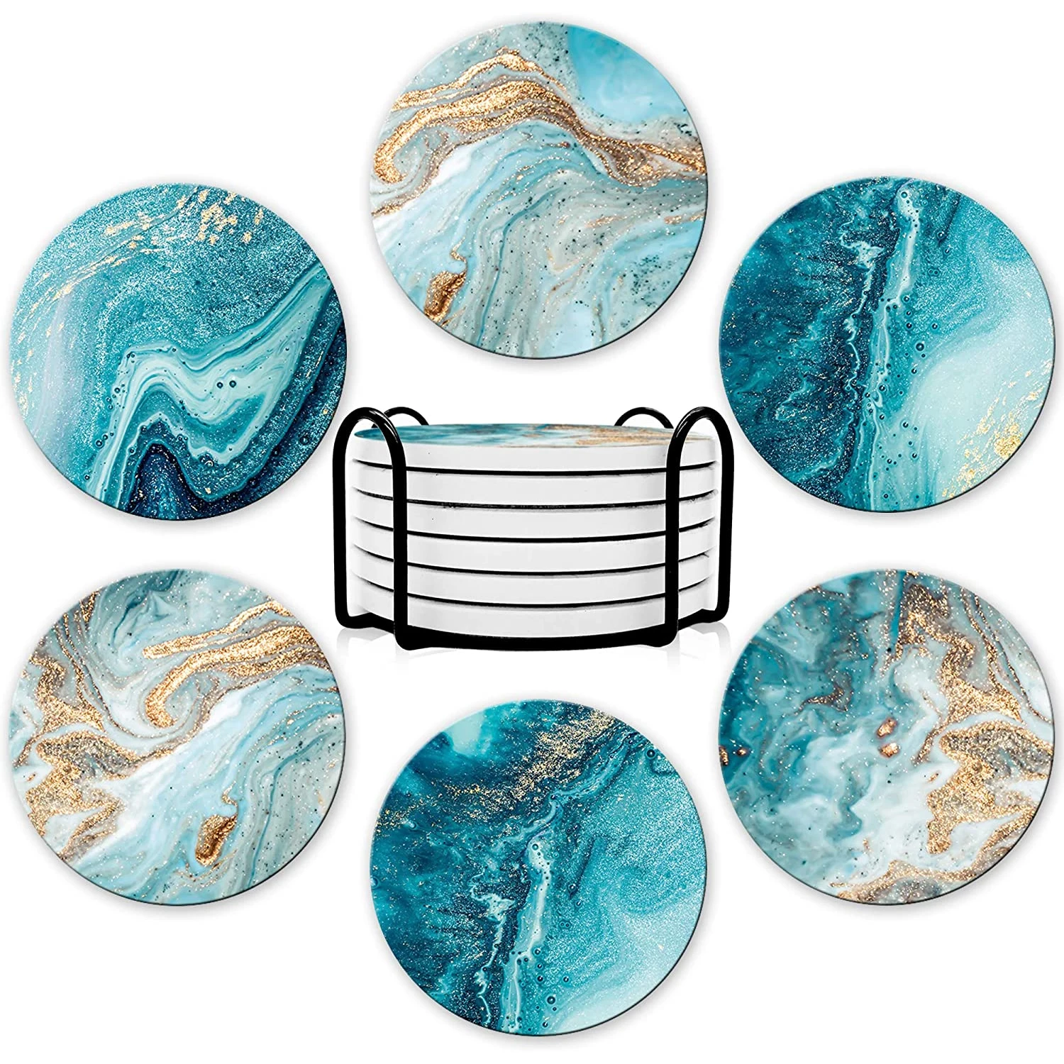 Marble Coaster Set - 6-delige drankonderzetterset met beugel, marmeren stijl,