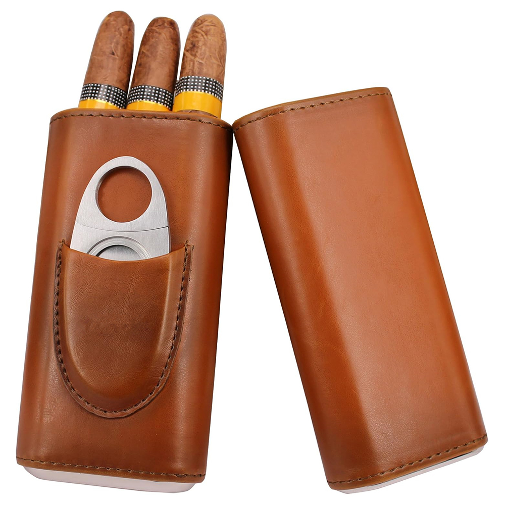 Premium Cigar Case - LMETJMA 3-vingerige lederen sigarenkoffer met sigarenknipper,