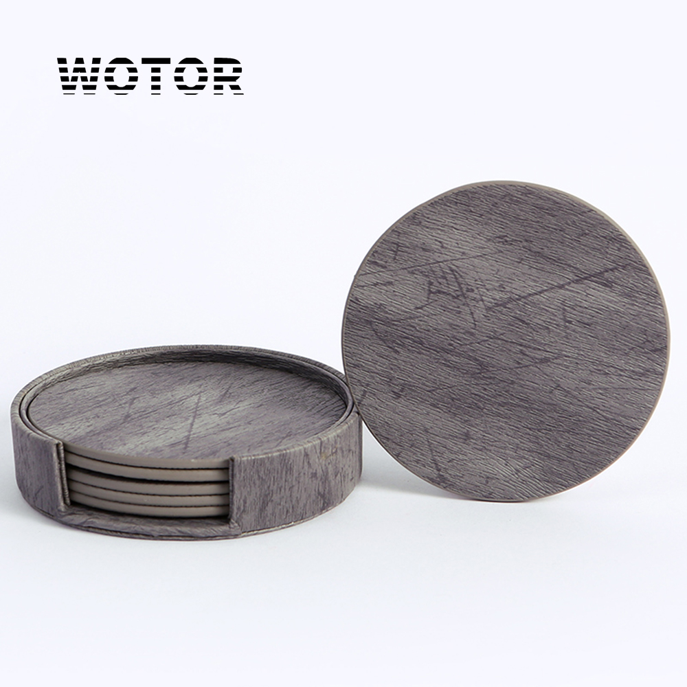 Marble Coaster Set - WOTOR 6 stks/partij Cirkel Houtnerf Leer