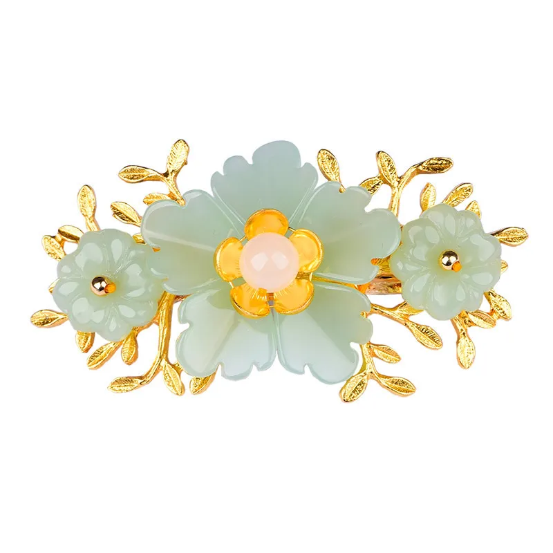 Gold Plated Jewelry - Groene Jade Bloem Barrette Designer Haarspeld