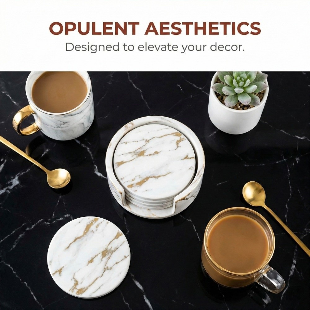 Marble Coaster Set - 7-delige onderzetterset PU lederen onderzetter rond