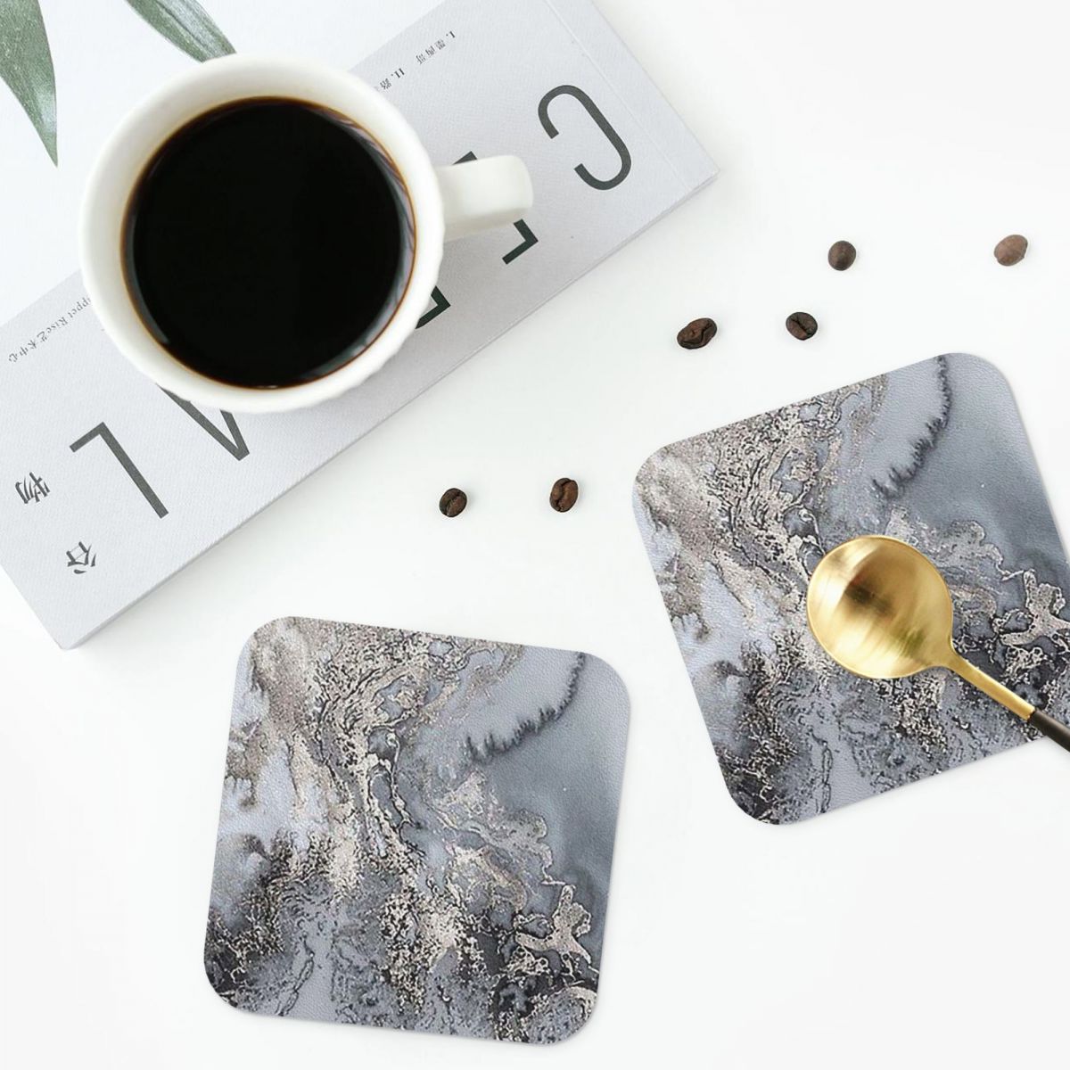 Marble Coaster Set - Grijze en zilveren marmeren onderzetters PVC
